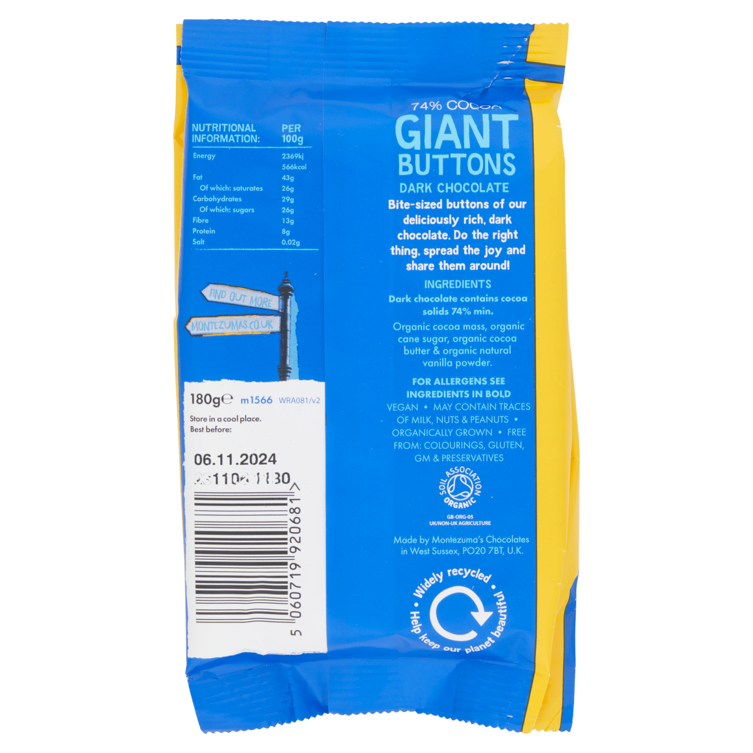 Montezuma's Organic 74% Cocoa Giant Buttons Dark Chocolate 180g - UK Food & Drink - 5060719920681
