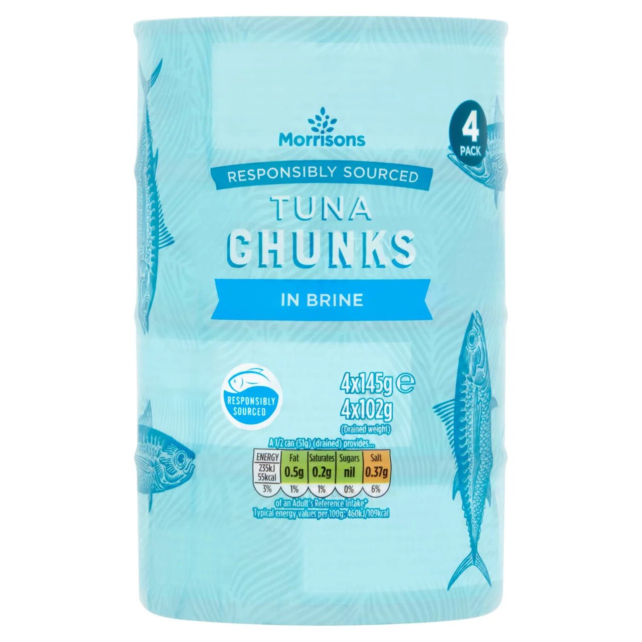 Morrisons Fad Free Tuna Chunks In Brine 4 x 145g - UK Food & Drink - 5010525004617