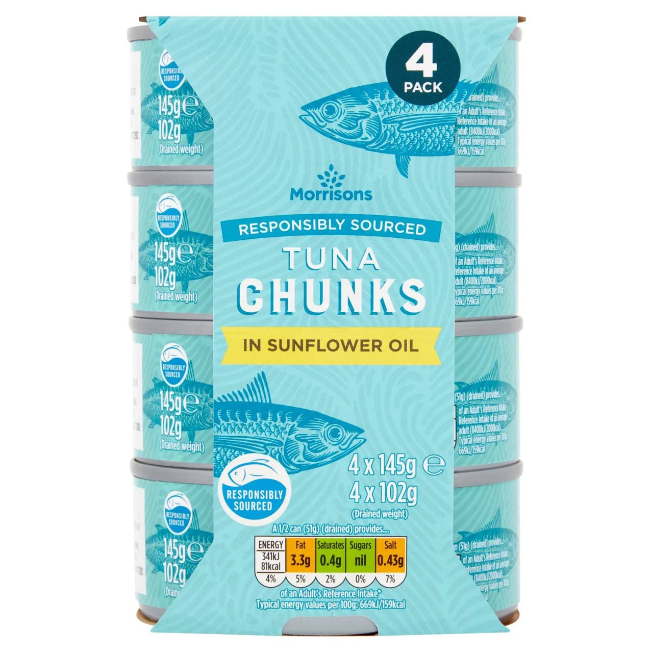 Morrisons Fad Free Tuna Chunks In Sunflower Oil 4 X 145G - UK Food & Drink - 5010251970606