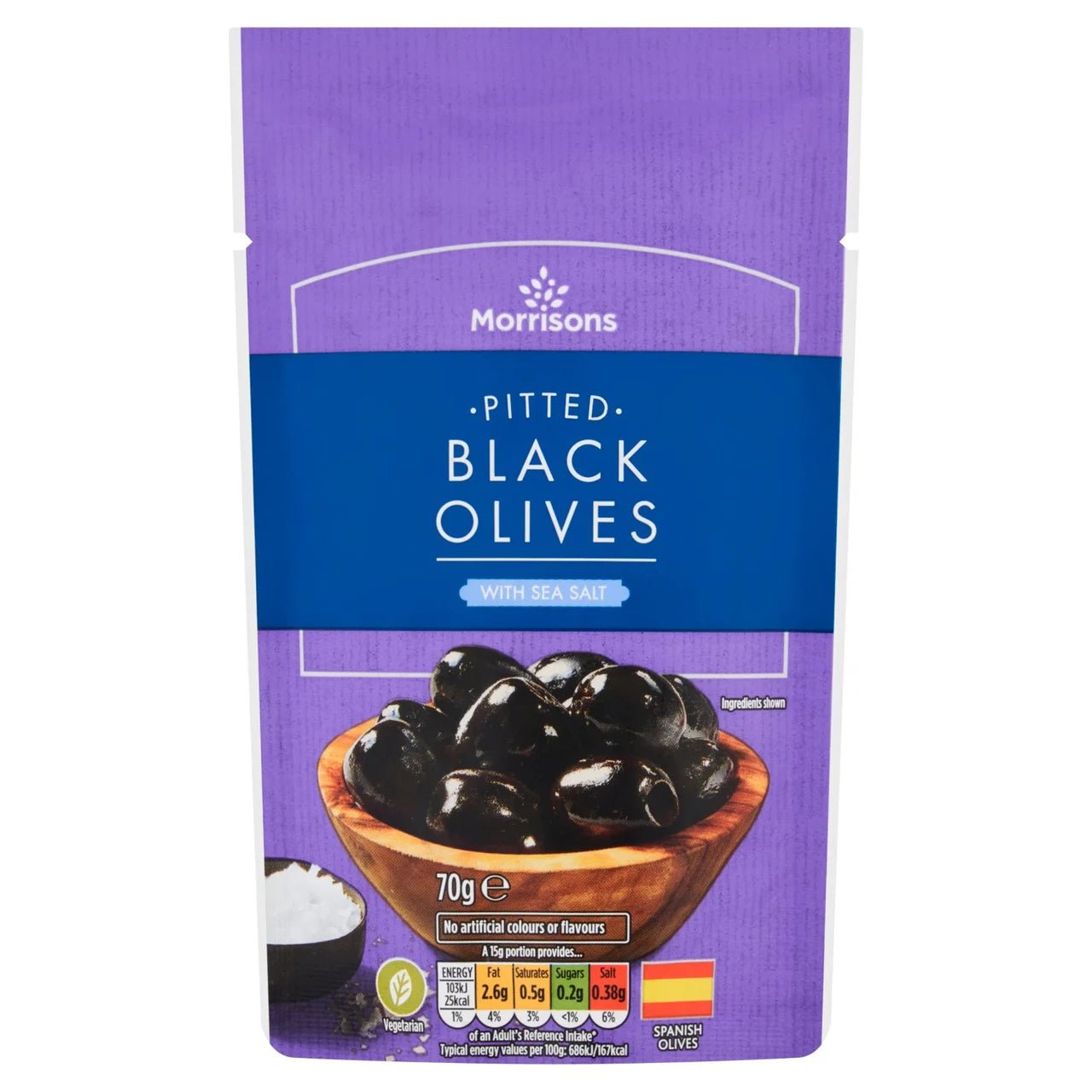 Morrisons Pitted Black Olives with Sea Salt 70g - UK Food & Drink - 5010251878544