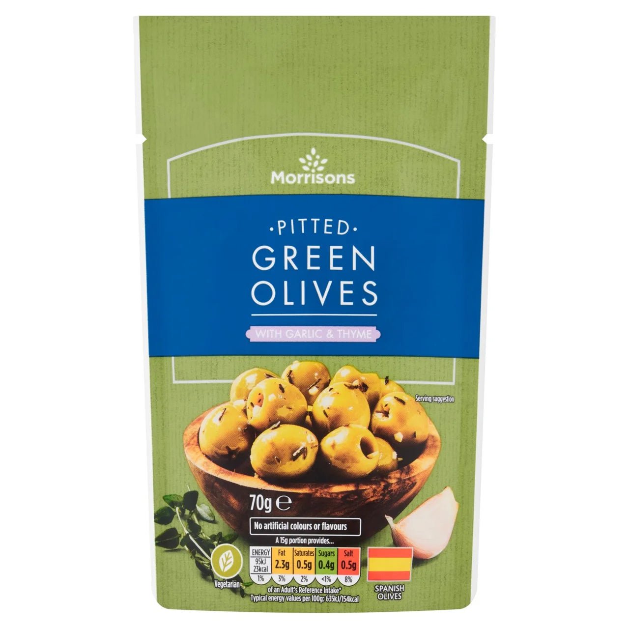 Morrisons Pitted Green Olives With Garlic & Thyme 70g - UK Food & Drink - 5010251878551