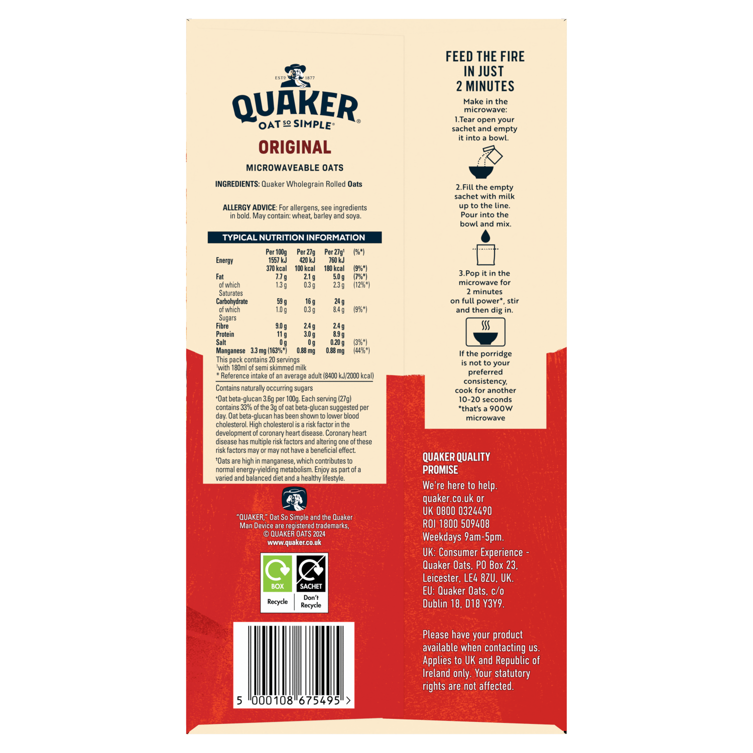 Quaker Oat So Simple Original Porridge Sachets 20 x 27g - UK Food & Drink - 5000108675495