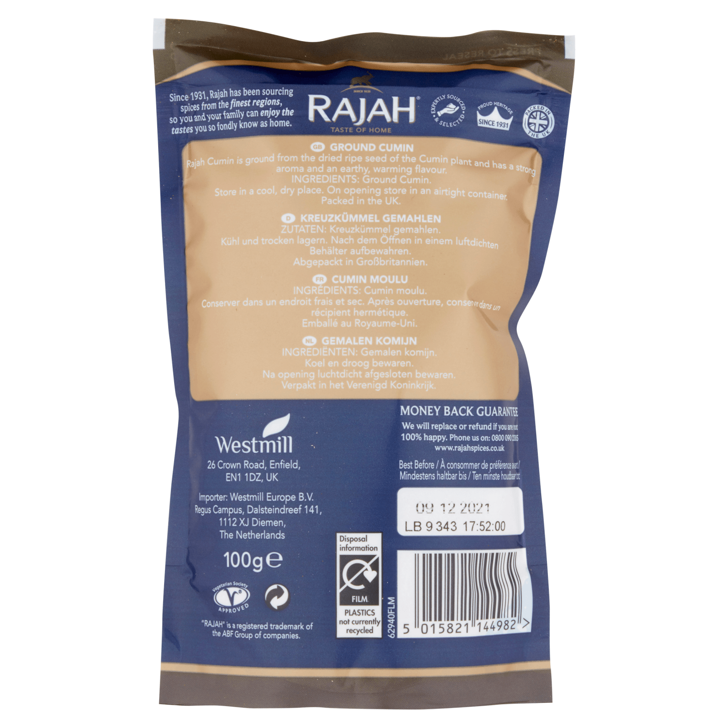 Rajah Jeera Ground Cumin 100g - UK Food & Drink - 5015821144982