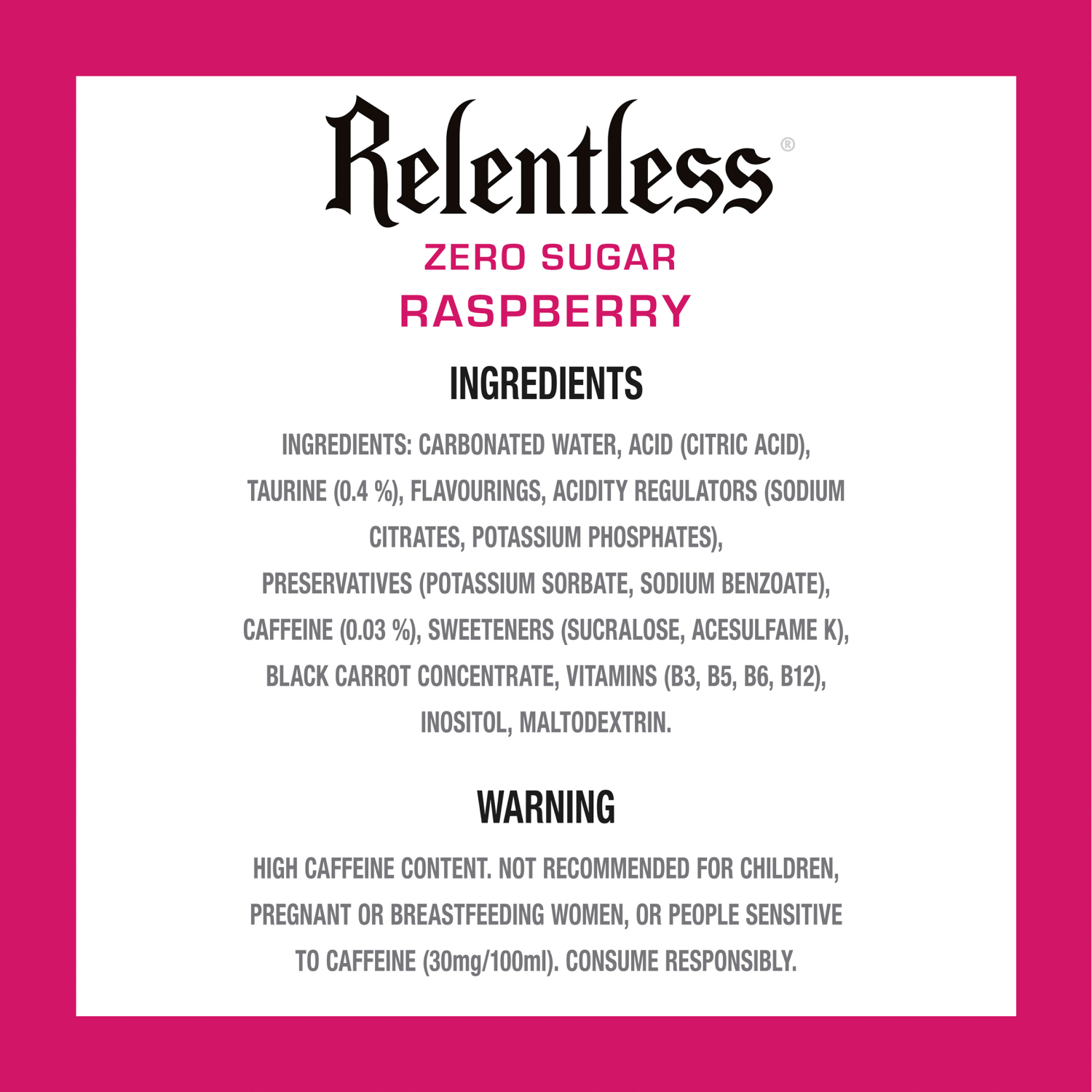 Relentless Raspberry Zero Energy Drink 500ml - UK Food & Drink - 5060608748556