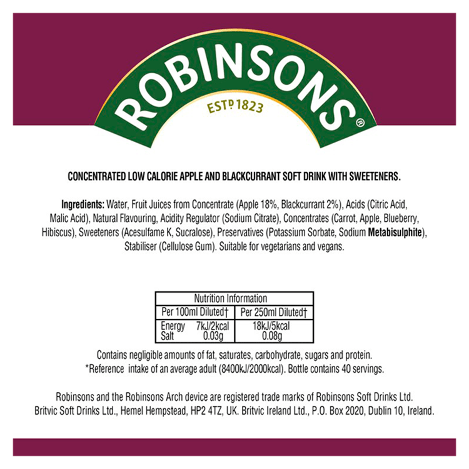 Robinsons Apple & Blackcurrant 750ml - UK Food & Drink - 5010102245143