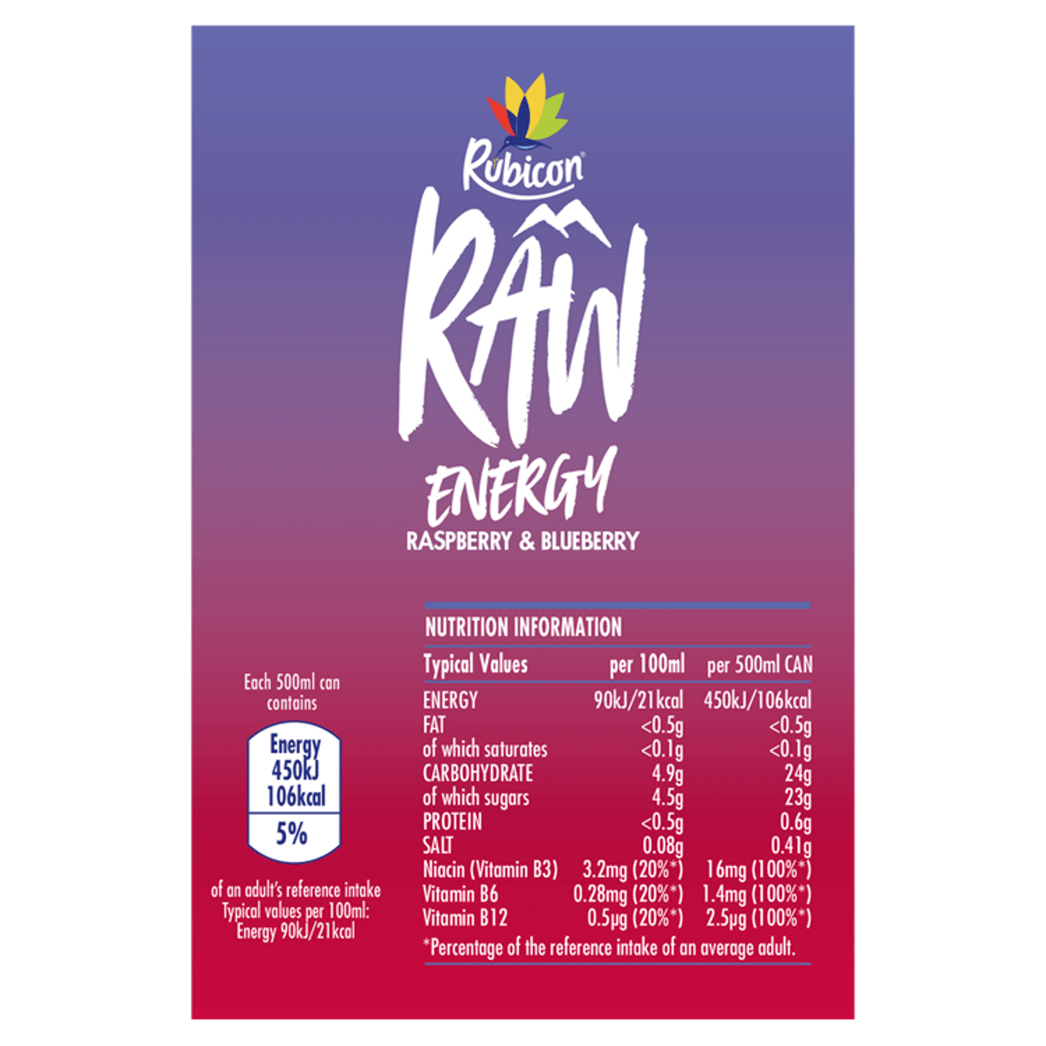Rubicon Raw Energy Raspberry & Blueberry 500ml - UK Food & Drink - 5000382111320