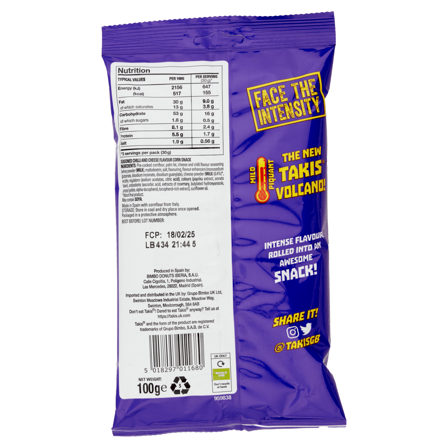 Takis Volcano Seasoned Chilli and Cheese Flavour Corn Snack 100g - UK Food & Drink - 5018297011680