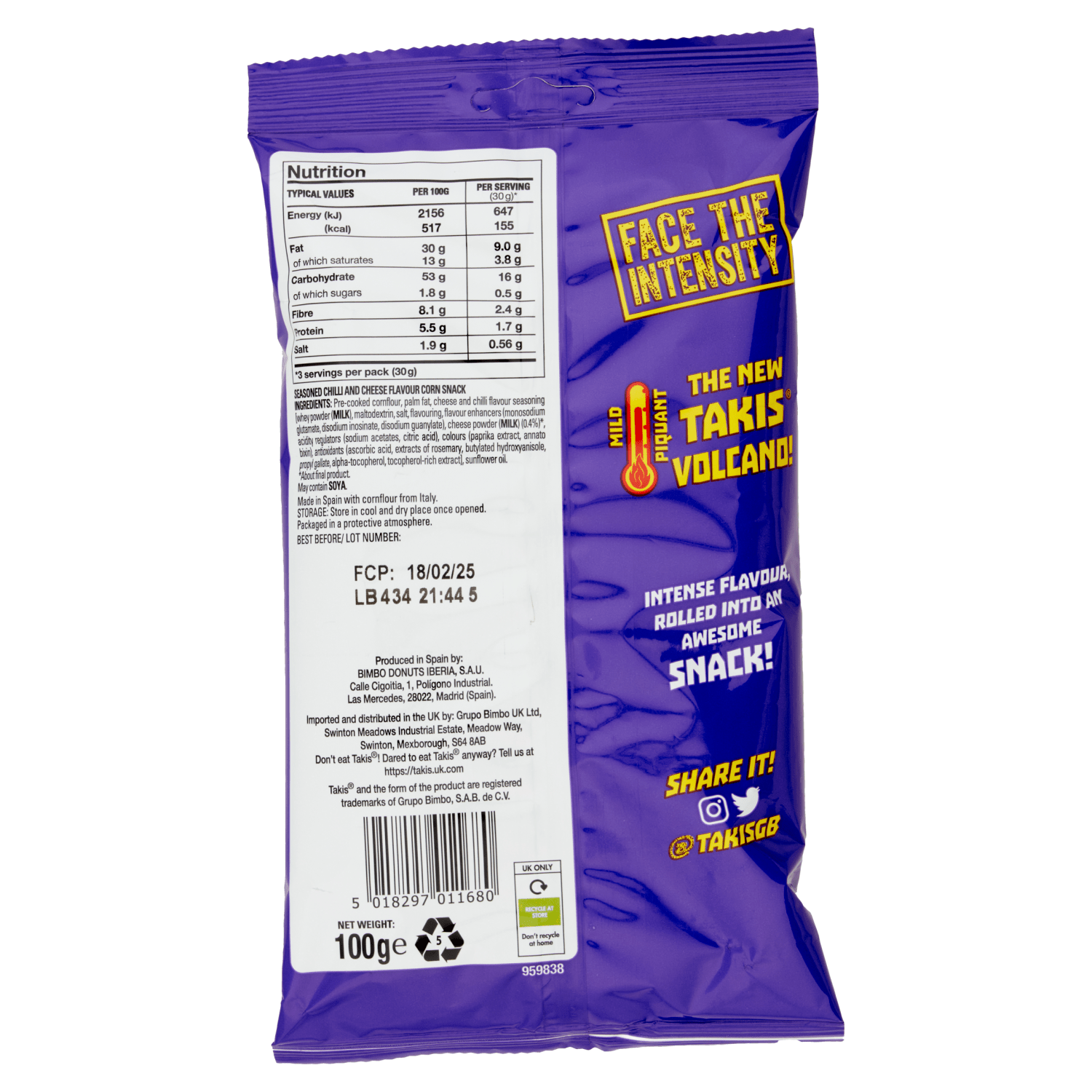 Takis Volcano Seasoned Chilli and Cheese Flavour Corn Snack 100g - UK Food & Drink - 5018297011680