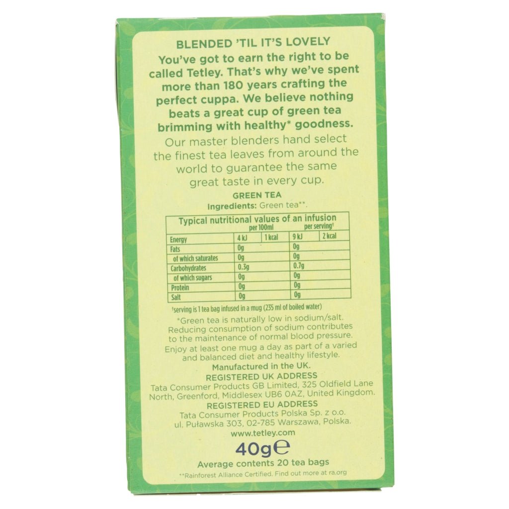 Tetley Pure Green 20 Green Tea 40g - UK Food & Drink - 5000208001439