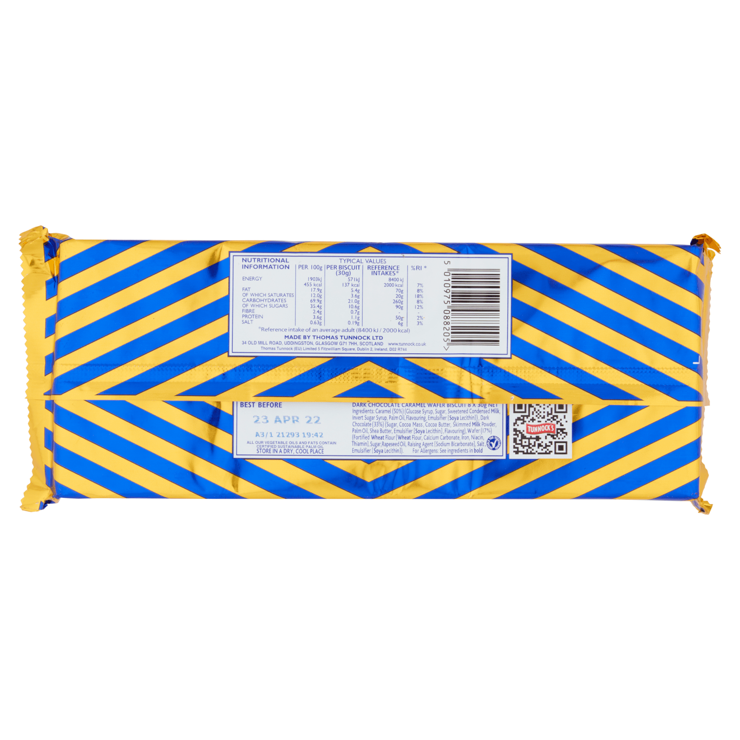 Tunnock's Dark Chocolate Coated Caramel Wafer Biscuits 8 x 30g - UK Food & Drink - 5010975088205