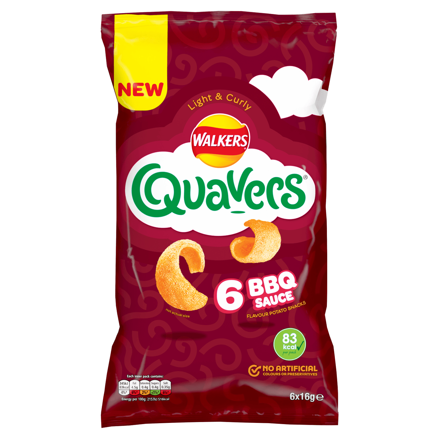 Walkers Quavers BBQ Multipack Snacks Crisps 6x16g - UK Food & Drink - 5000328019123
