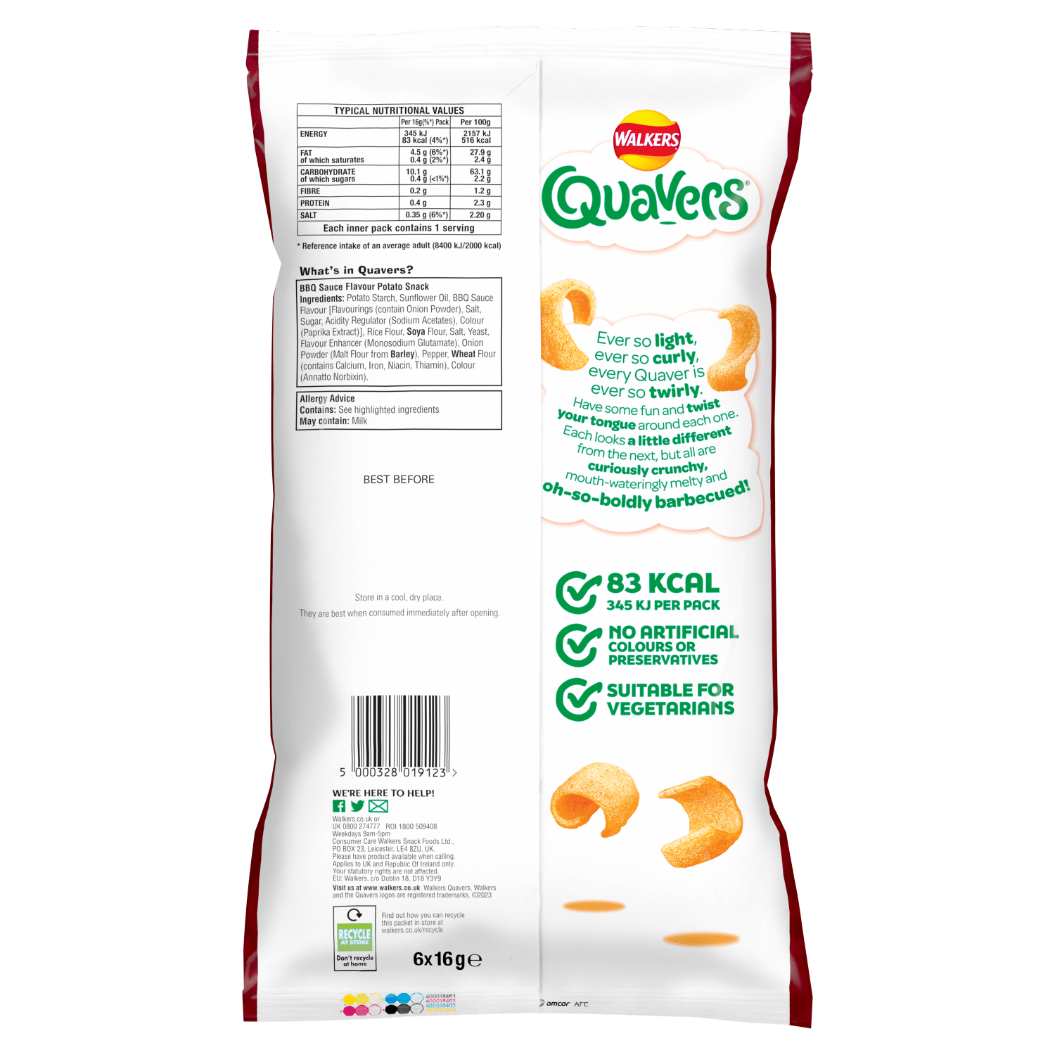 Walkers Quavers BBQ Multipack Snacks Crisps 6x16g - UK Food & Drink - 5000328019123