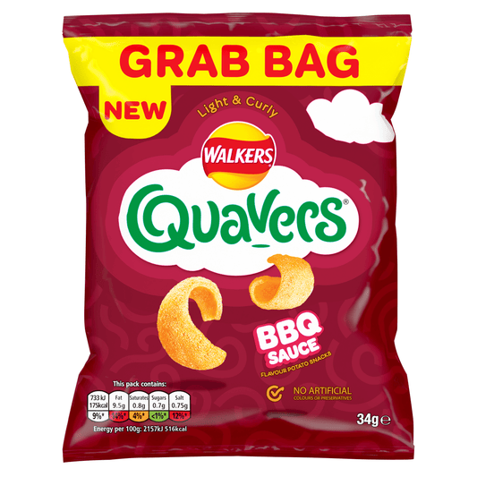 Walkers Quavers BBQ Sauce Snacks Crisps 34g - UK Food & Drink - 5000328019154