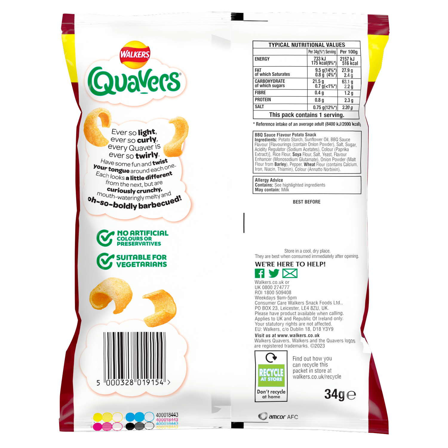Walkers Quavers BBQ Sauce Snacks Crisps 34g - UK Food & Drink - 5000328019154