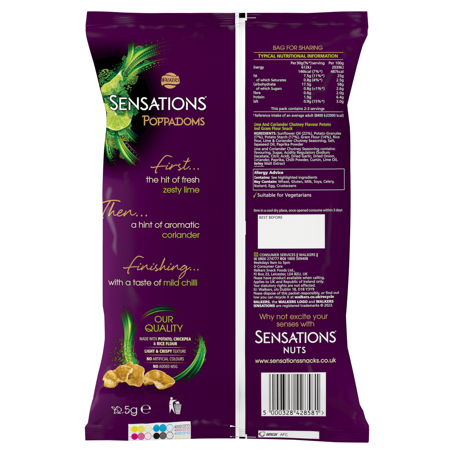 Walkers Sensations Lime & Coriander Chutney Sharing Poppadoms 82.5g - UK Food & Drink - 5000328428581