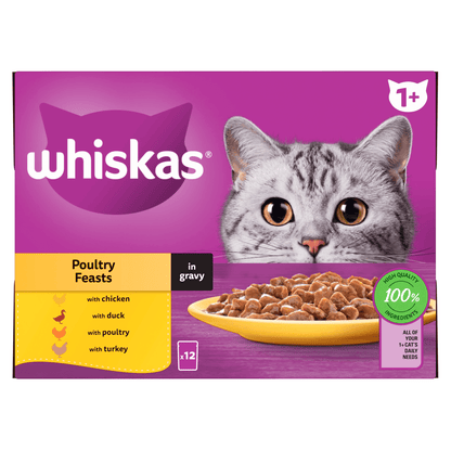 Whiskas 1+ Poultry Feasts Adult Wet Cat Food Pouches in Gravy 12 x 85g - UK Food & Drink - 5000166157490
