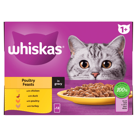 Whiskas 1+ Poultry Feasts Adult Wet Cat Food Pouches in Gravy 12 x 85g - UK Food & Drink - 5000166157490