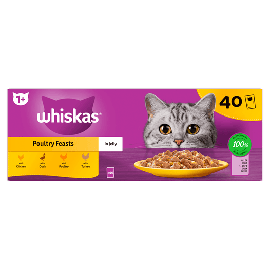 Whiskas 1+ Poultry Feasts Adult Wet Cat Food Pouches in Jelly 40 x 85g - UK Food & Drink - 3065890155046